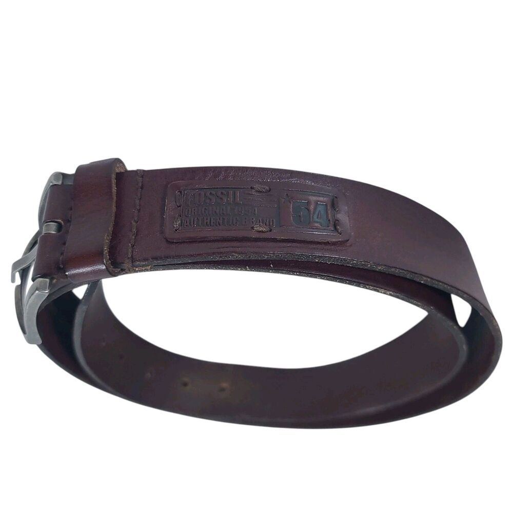 Vtg FOSSIL 54 Belt Mens 42 Brown Leather Distressed Silver Chunky Buckle Boho